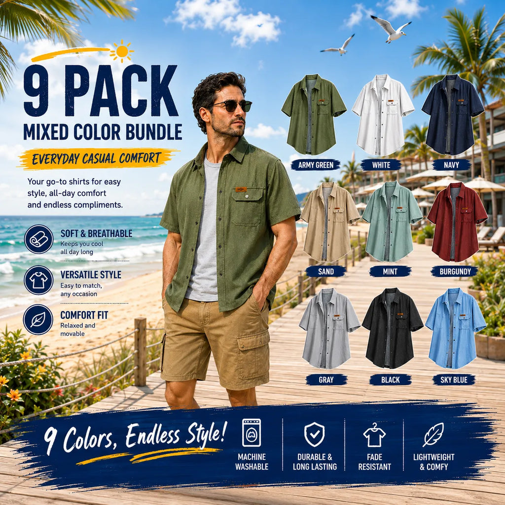 Seasonal Clearance Sale 9 Pack Only$32.99- Men’s Casual Short Sleeve Shirt – Mixed Colors, Everyday Comfort
