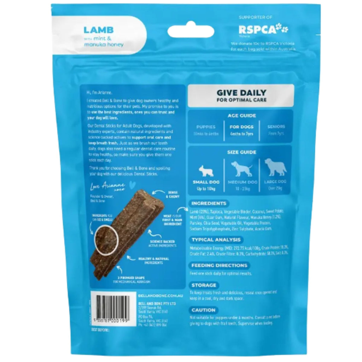 Bell and Bone Dental Sticks for Adult Dogs - Lamb, Mint & Manuka Honey