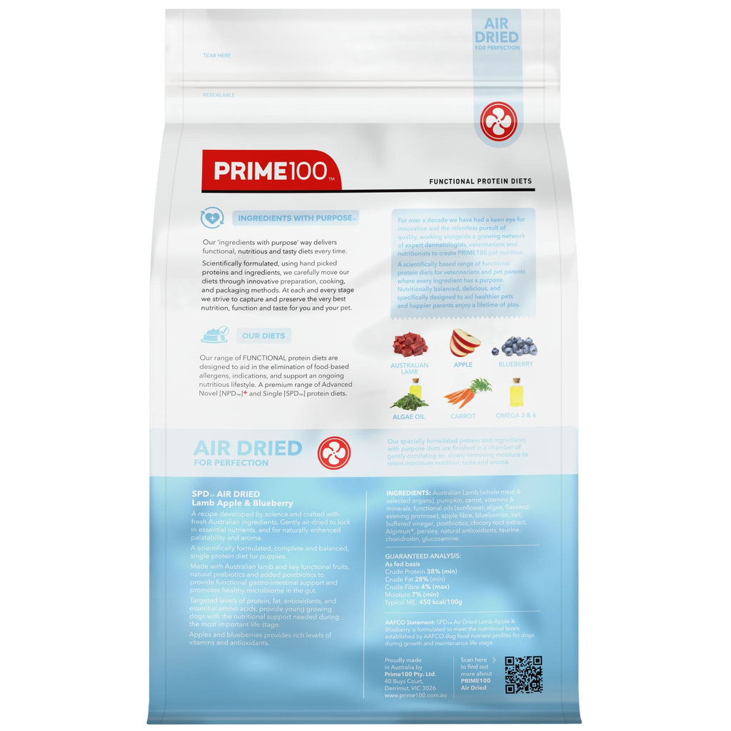 Prime100 SPD Air Dried Dog Food for Puppy Lamb, Apple & Blueberry
