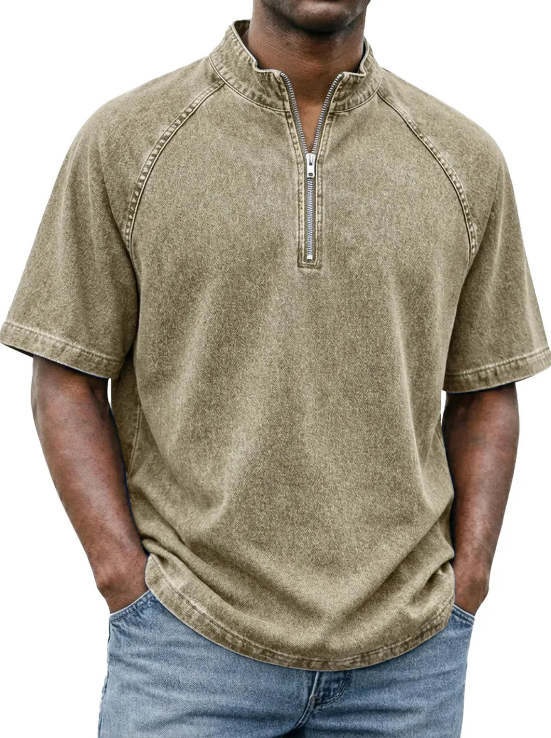 Men's Casual Quarter-Zip Stand Collar Short Sleeve Tee