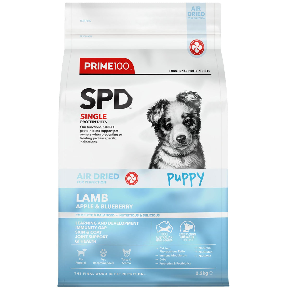 Prime100 SPD Air Dried Dog Food for Puppy Lamb, Apple & Blueberry