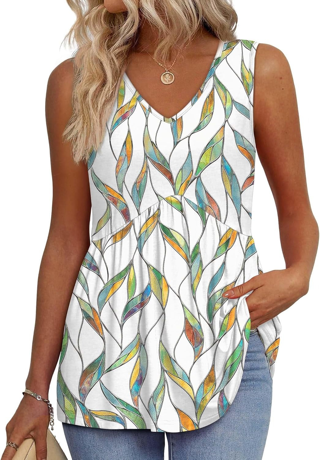 🌞HOT SALE 49% OFF👚Women's Print Flowy Sleeveless V Neck Peplum Tank Tops