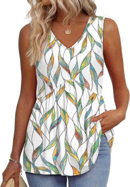 🌞HOT SALE 49% OFF👚Women's Print Flowy Sleeveless V Neck Peplum Tank Tops