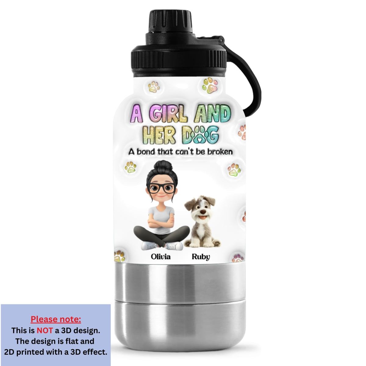 A Girl And Her Dog - Personalized 3D Inflated Effect 30oz Water Bottle With Pet Bowl