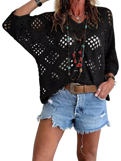 💐Spring Day Sale - Only £14.99!!⚡50K+ SOLD!✨Womens Bohemian-Inspired Beige Crochet Top with V-Neck