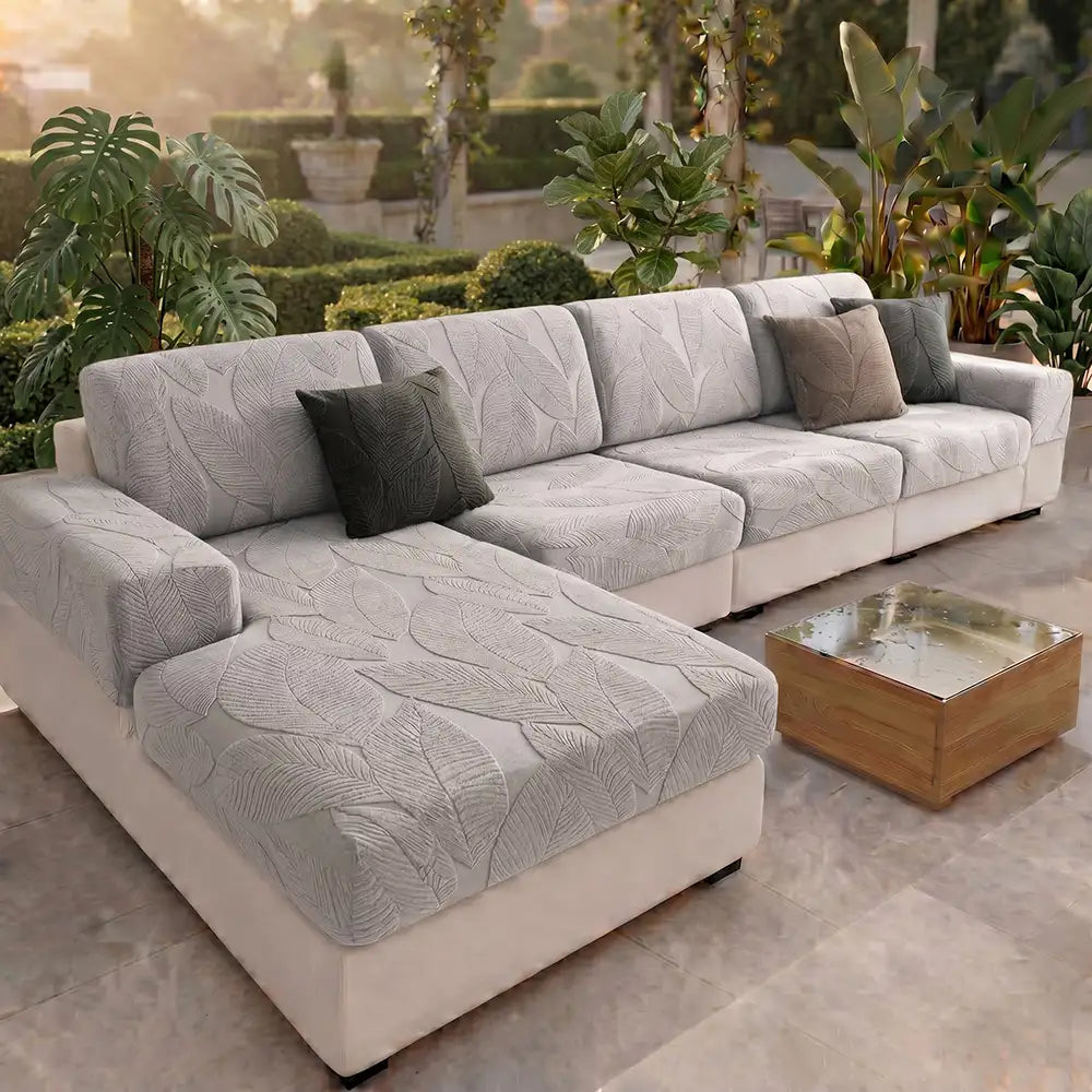 Modern Leaf Jacquard Water-Repellent Anti-Scratch Stretch Full Wrap Sectional Couch Cover