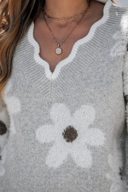💃LAST DAY 50% OFF✨🍂Women's Floral Pattern Scallop Trim Sweater