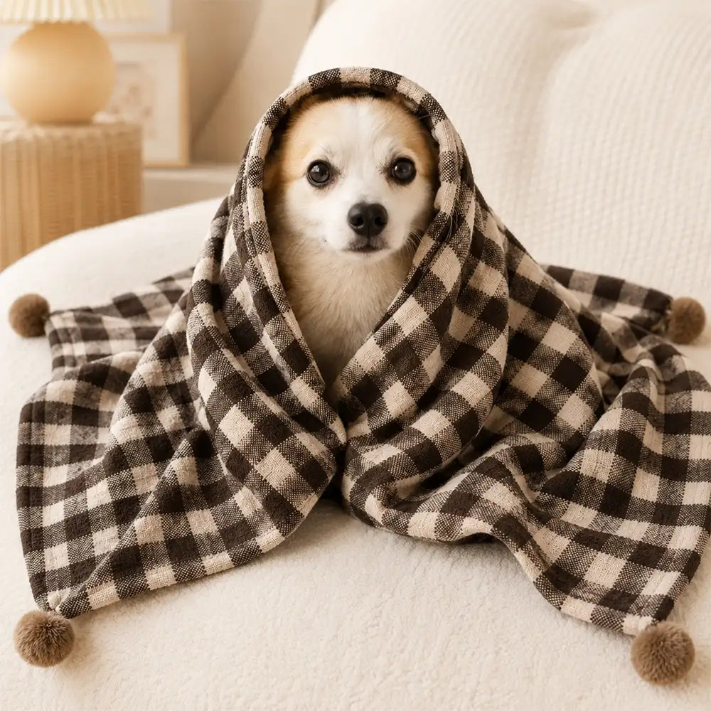 Cozy Reversible Plaid Plush Pet Throw Blanket with Pom-Poms