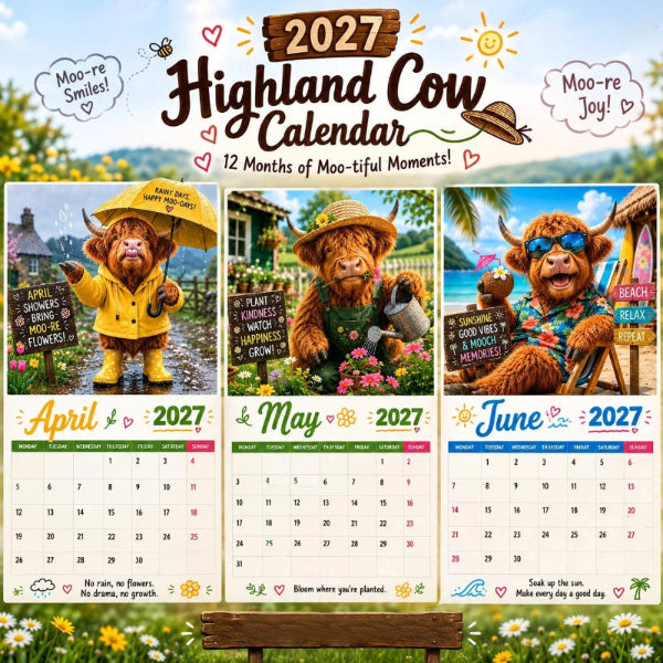 🔥LAST DAY SALE ONLY ￡6.99!!📅🐂2027 Funny Highland Cow Wall Calendar | A4 Hanging Calendar | Designed by Isabel Kline