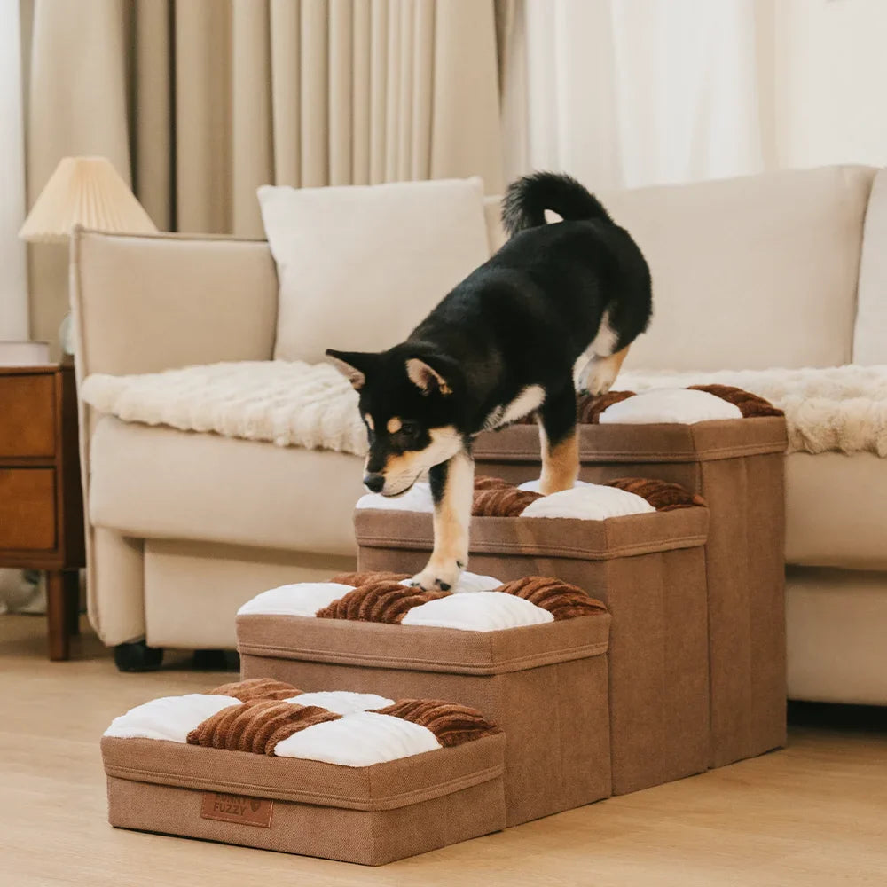 Detachable Chessboard Plaid Handcrafted Dog Stairs with Storage - Foldable Steps