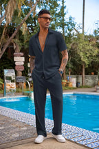 Men's 2 Piece Outfit Casual Short Sleeve Button Down Shirt Beach Summer Loose Pant Sets