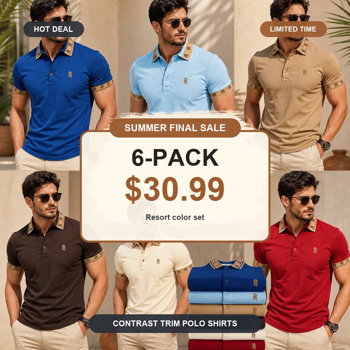 ⚡12 Pack for $38⚡- Men's Contrast Trim Monogram Short Sleeve Polo Shirt