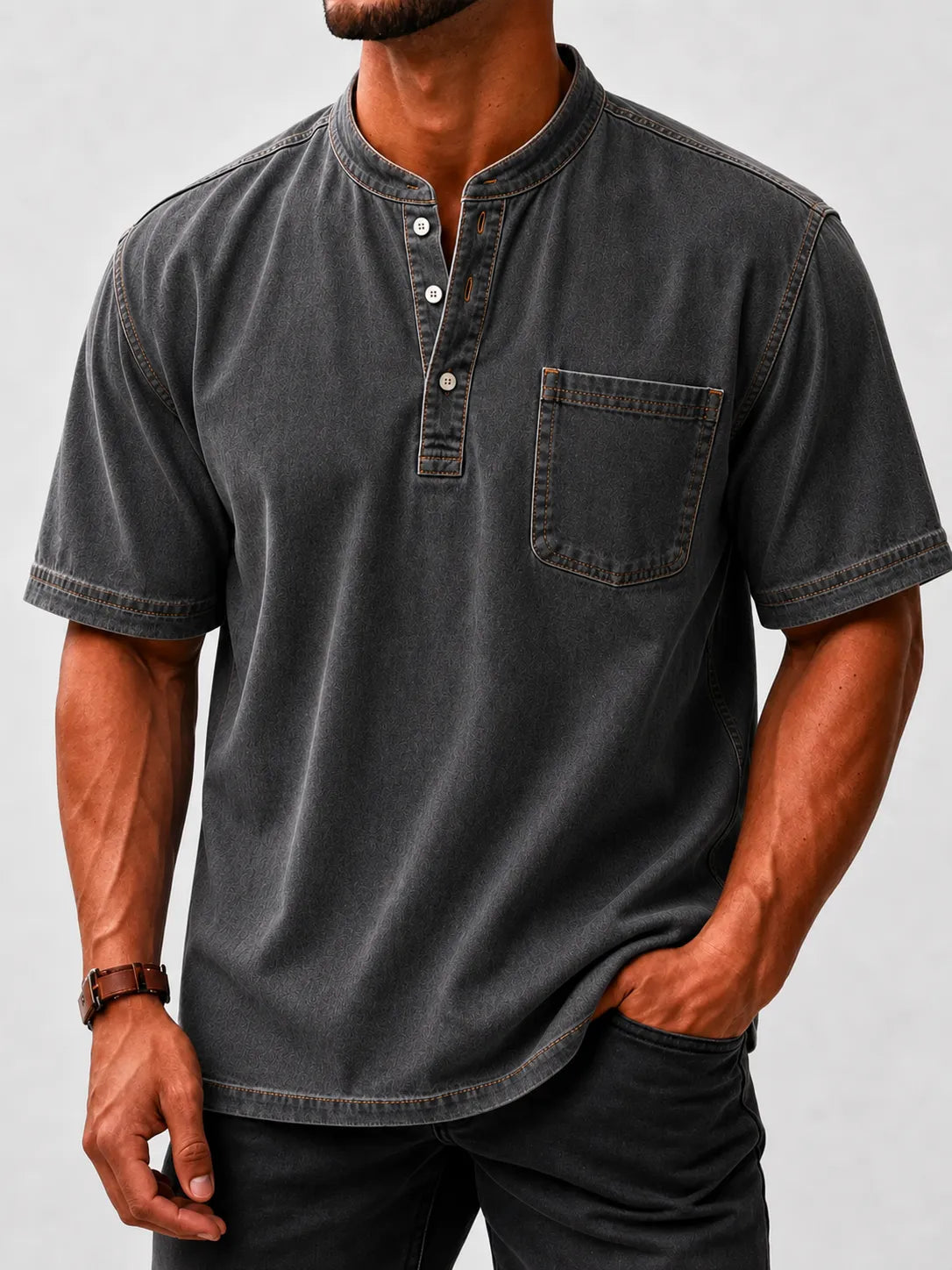 Limited Deal 8-Pack Men's Washed Stand Collar Henley Shirts, Short Sleeve Relaxed Fit Pocket Tops
