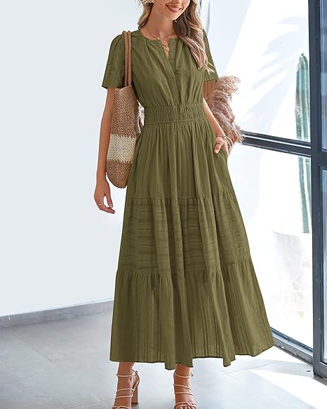 ⏰Summer Hot Sale 70% OFF🎉Women's Lightweight Short Sleeve V Neck Elastic Waist Dress