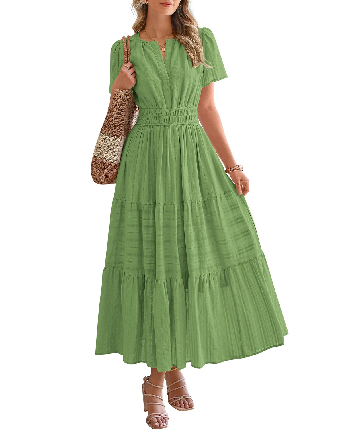 ⏰Summer Hot Sale 70% OFF🎉Women's Lightweight Short Sleeve V Neck Elastic Waist Dress