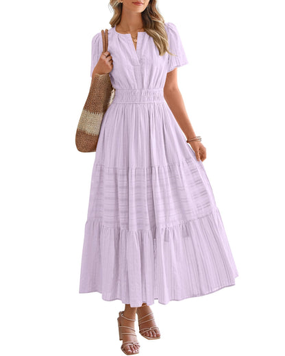 ⏰Summer Hot Sale 70% OFF🎉Women's Lightweight Short Sleeve V Neck Elastic Waist Dress