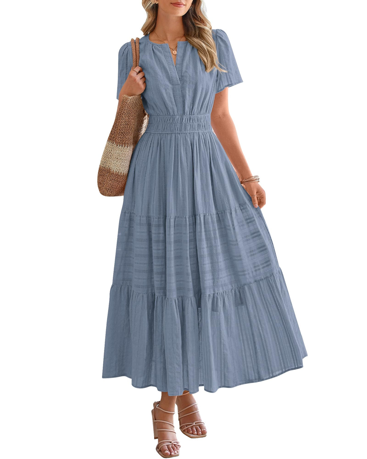 ⏰Summer Hot Sale 70% OFF🎉Women's Lightweight Short Sleeve V Neck Elastic Waist Dress