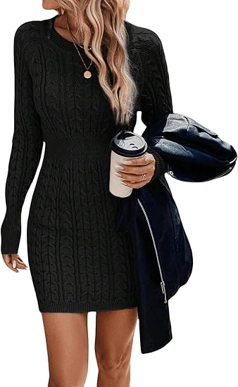 ⏰💃Last Day 50% OFF❄️🖤Women's Winter Plain Round Neck Cable Knit Bodycon Sweater Dress