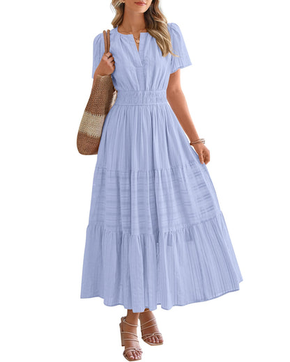 ⏰Summer Hot Sale 70% OFF🎉Women's Lightweight Short Sleeve V Neck Elastic Waist Dress