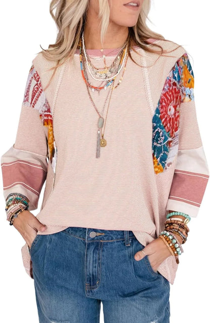 🍂Autumn Sales 49% OFF🔥Women's Batwing 3/4 Sleeve Stripe Patchwork Blouse