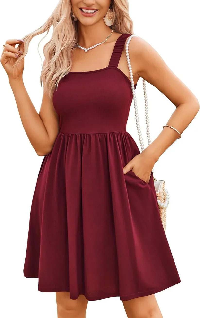 ⏰Hot Sale 70% Off💃Women's Summer Square Neck A-Line Mini Dress with Pockets