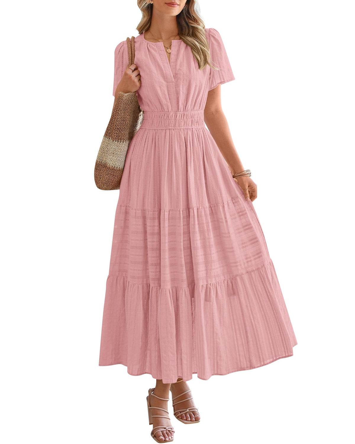 ⏰Summer Hot Sale 70% OFF🎉Women's Lightweight Short Sleeve V Neck Elastic Waist Dress