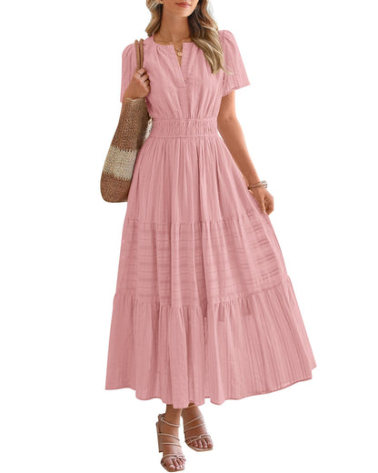 ⏰Summer Hot Sale 70% OFF🎉Women's Lightweight Short Sleeve V Neck Elastic Waist Dress