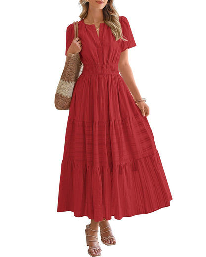 ⏰Summer Hot Sale 70% OFF🎉Women's Lightweight Short Sleeve V Neck Elastic Waist Dress