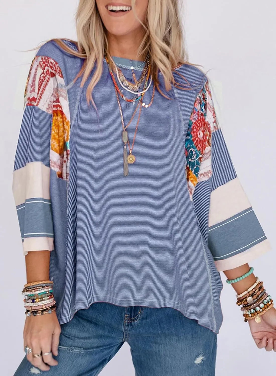 🍂Autumn Sales 49% OFF🔥Women's Batwing 3/4 Sleeve Stripe Patchwork Blouse