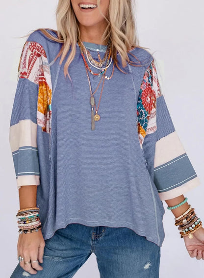 🍂Autumn Sales 49% OFF🔥Women's Batwing 3/4 Sleeve Stripe Patchwork Blouse