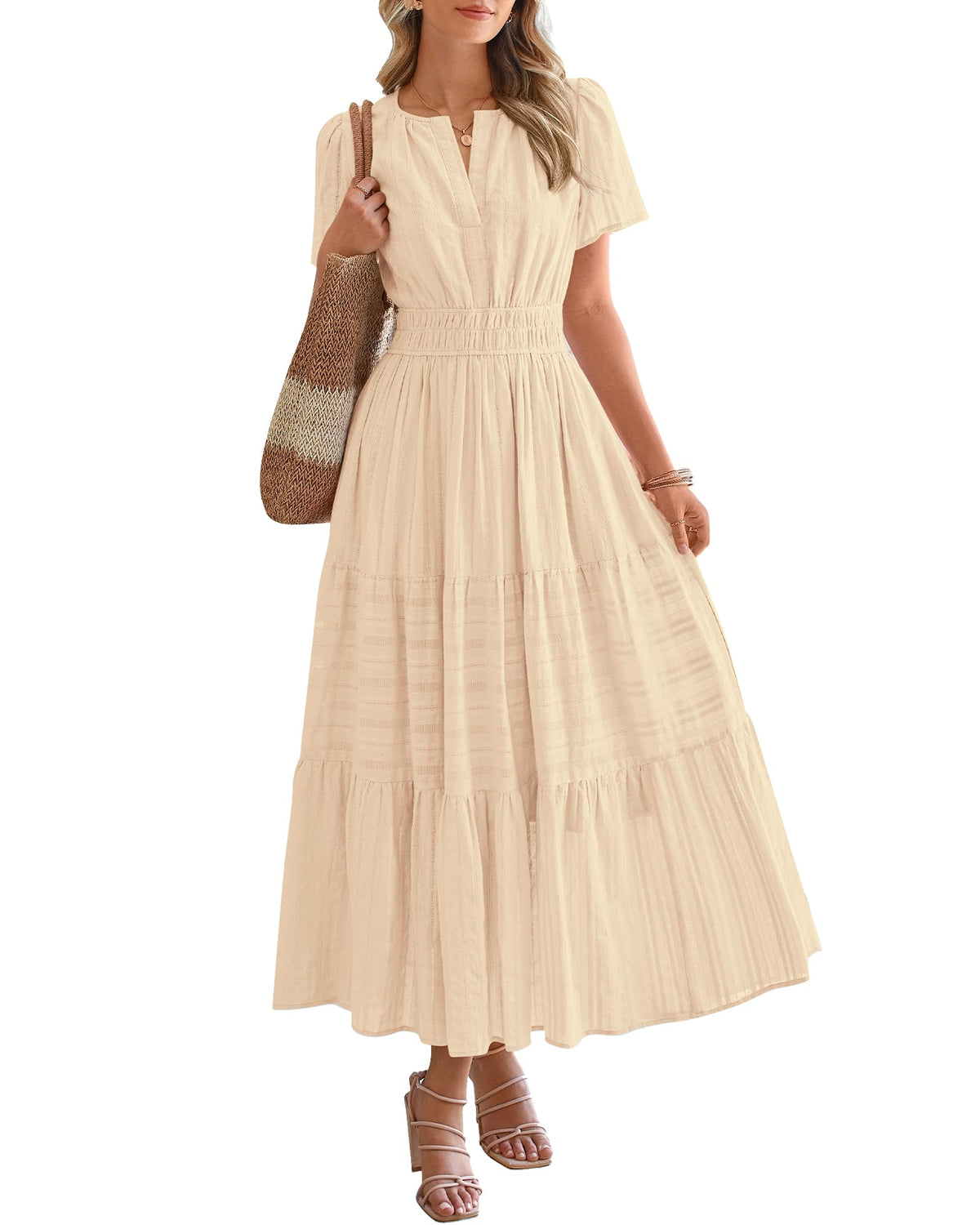 ⏰Summer Hot Sale 70% OFF🎉Women's Lightweight Short Sleeve V Neck Elastic Waist Dress
