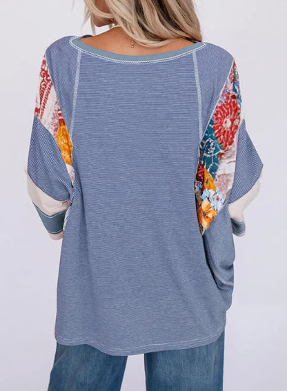 🍂Autumn Sales 49% OFF🔥Women's Batwing 3/4 Sleeve Stripe Patchwork Blouse