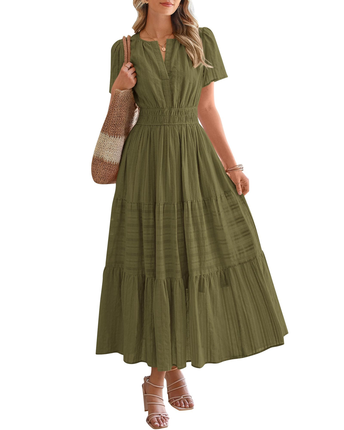 ⏰Summer Hot Sale 70% OFF🎉Women's Lightweight Short Sleeve V Neck Elastic Waist Dress