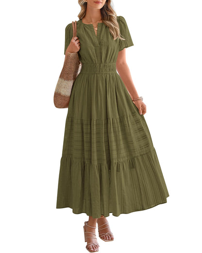 ⏰Summer Hot Sale 70% OFF🎉Women's Lightweight Short Sleeve V Neck Elastic Waist Dress