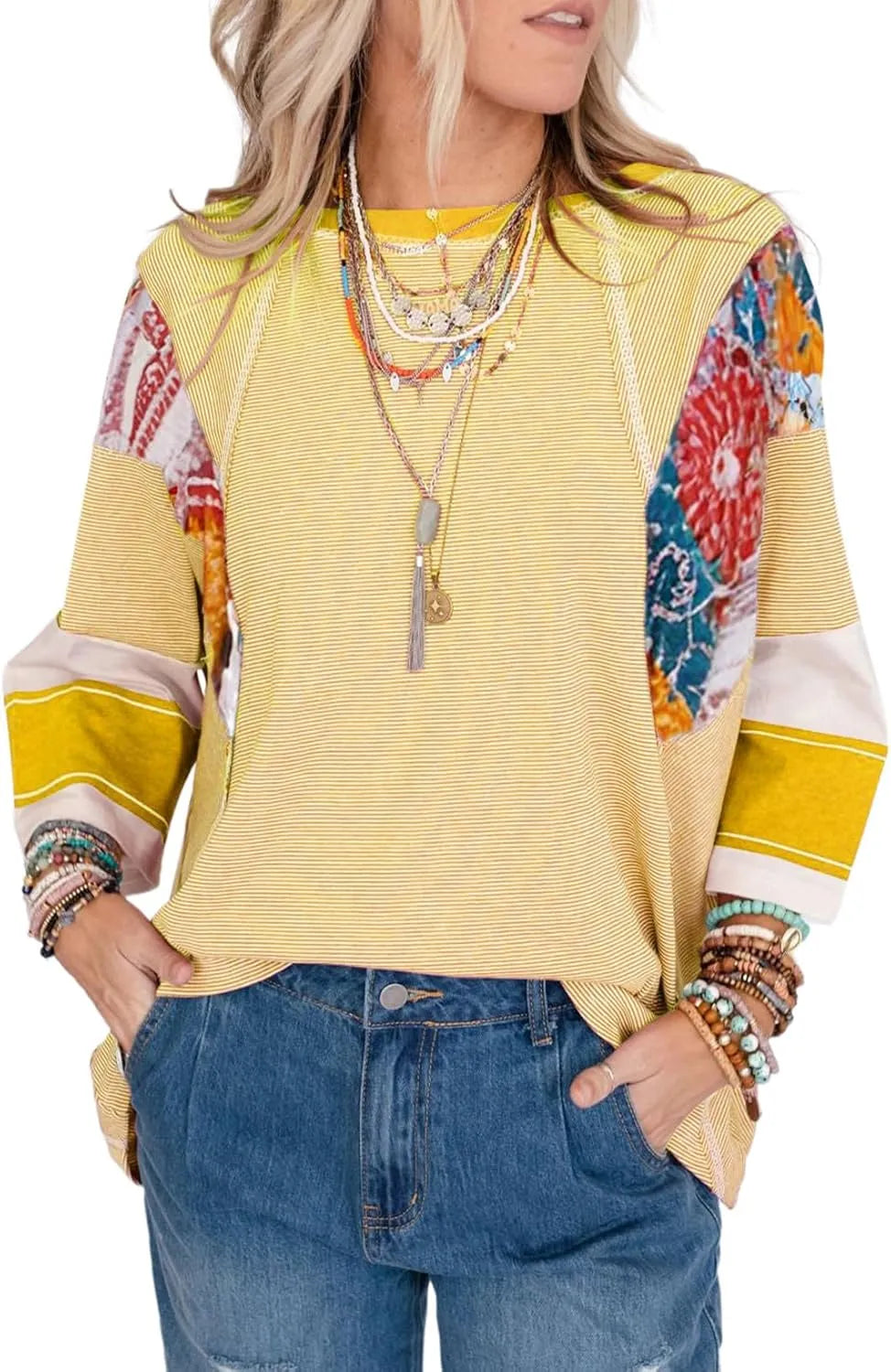 🍂Autumn Sales 49% OFF🔥Women's Batwing 3/4 Sleeve Stripe Patchwork Blouse