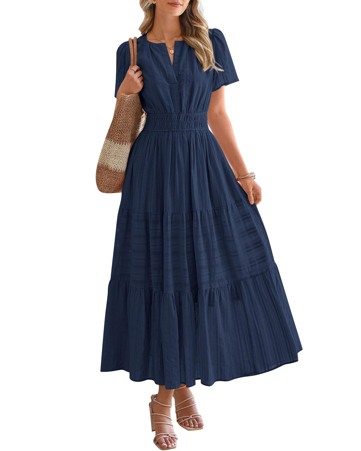 ⏰Summer Hot Sale 70% OFF🎉Women's Lightweight Short Sleeve V Neck Elastic Waist Dress