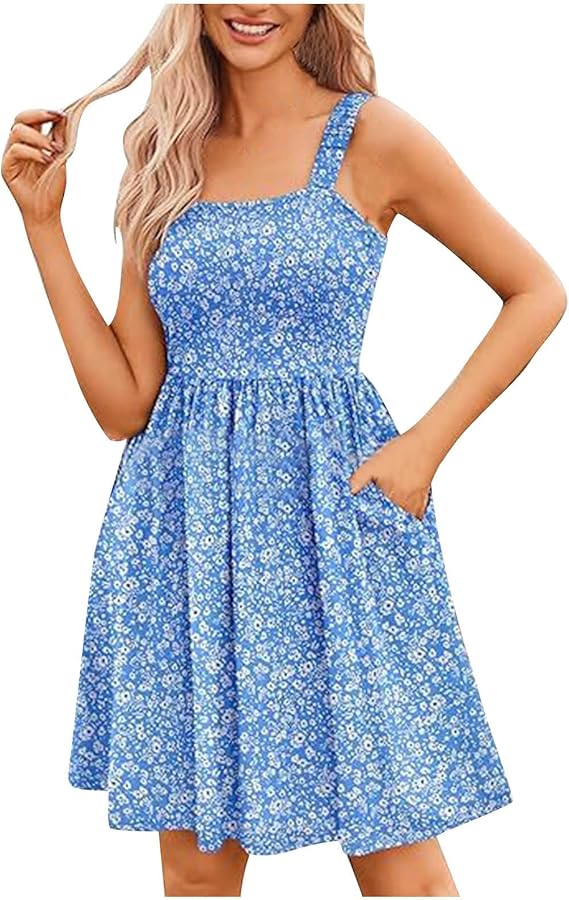 ⏰Hot Sale 70% Off💃Women's Summer Square Neck A-Line Mini Dress with Pockets
