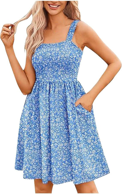 ⏰Hot Sale 70% Off💃Women's Summer Square Neck A-Line Mini Dress with Pockets