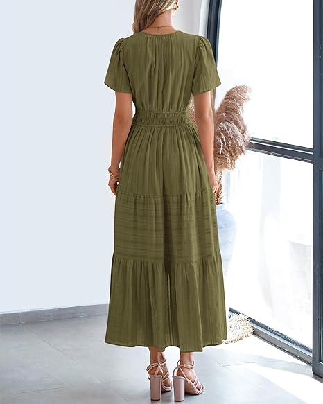 ⏰Summer Hot Sale 70% OFF🎉Women's Lightweight Short Sleeve V Neck Elastic Waist Dress