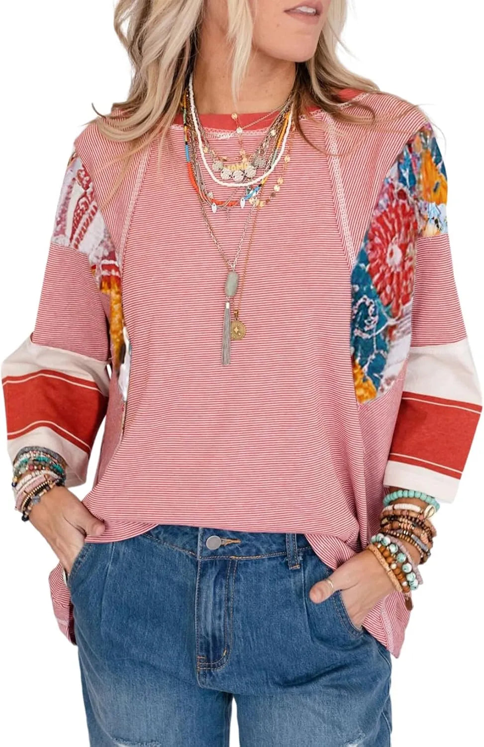 🍂Autumn Sales 49% OFF🔥Women's Batwing 3/4 Sleeve Stripe Patchwork Blouse