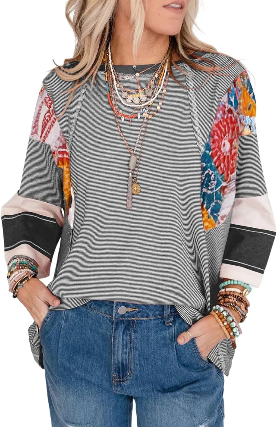 🍂Autumn Sales 49% OFF🔥Women's Batwing 3/4 Sleeve Stripe Patchwork Blouse