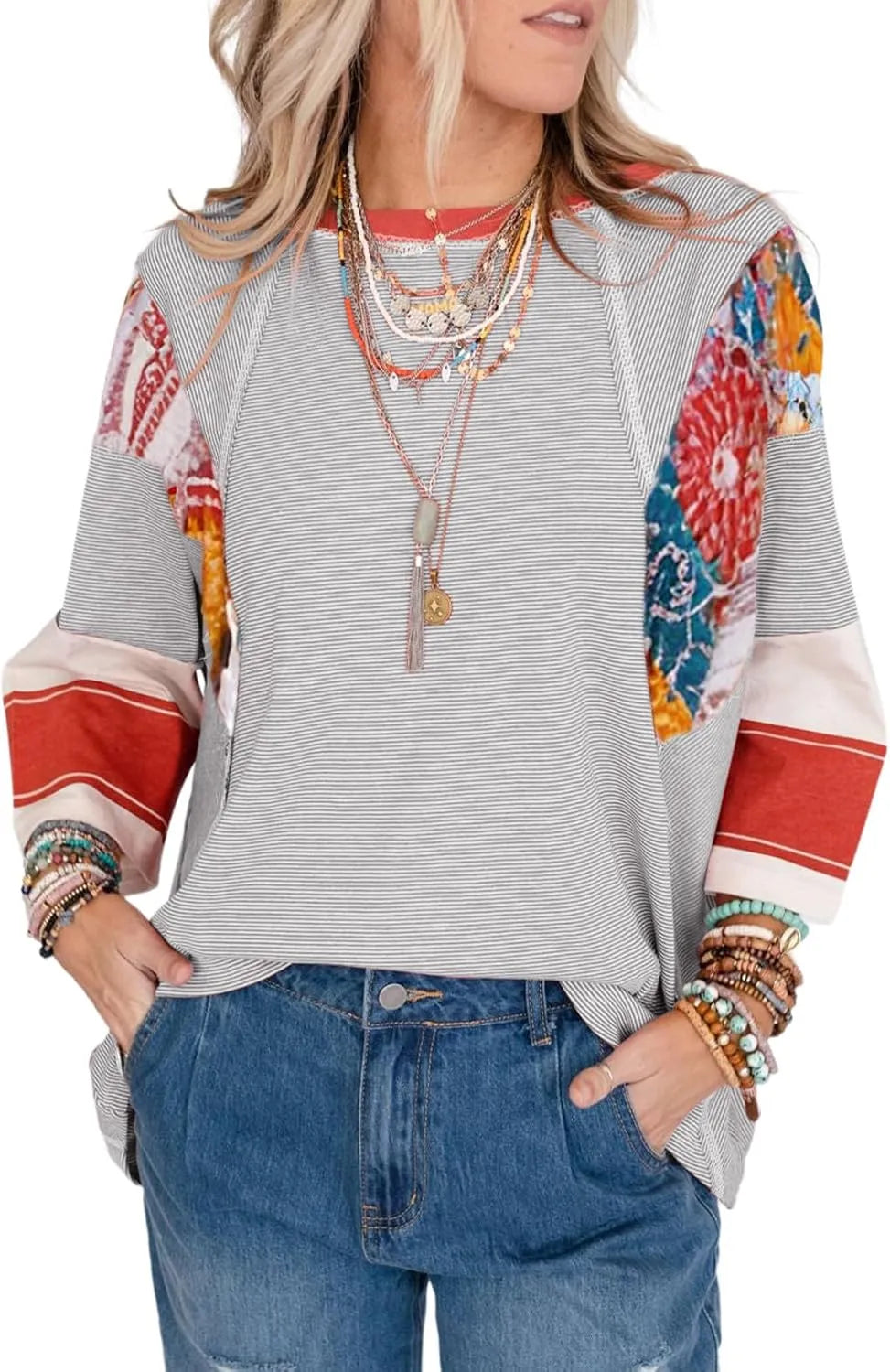 🍂Autumn Sales 49% OFF🔥Women's Batwing 3/4 Sleeve Stripe Patchwork Blouse