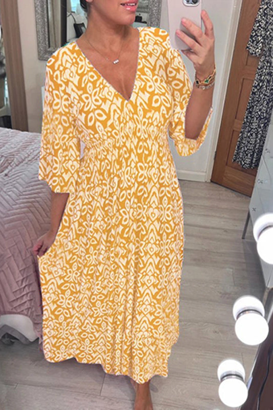 🔥Limited Time 50% Off  Bohemian Casual Print V-Neck Long Dress