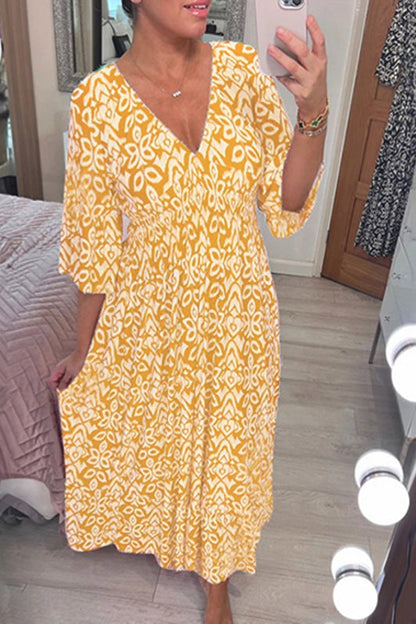 🔥Limited Time 50% Off  Bohemian Casual Print V-Neck Long Dress