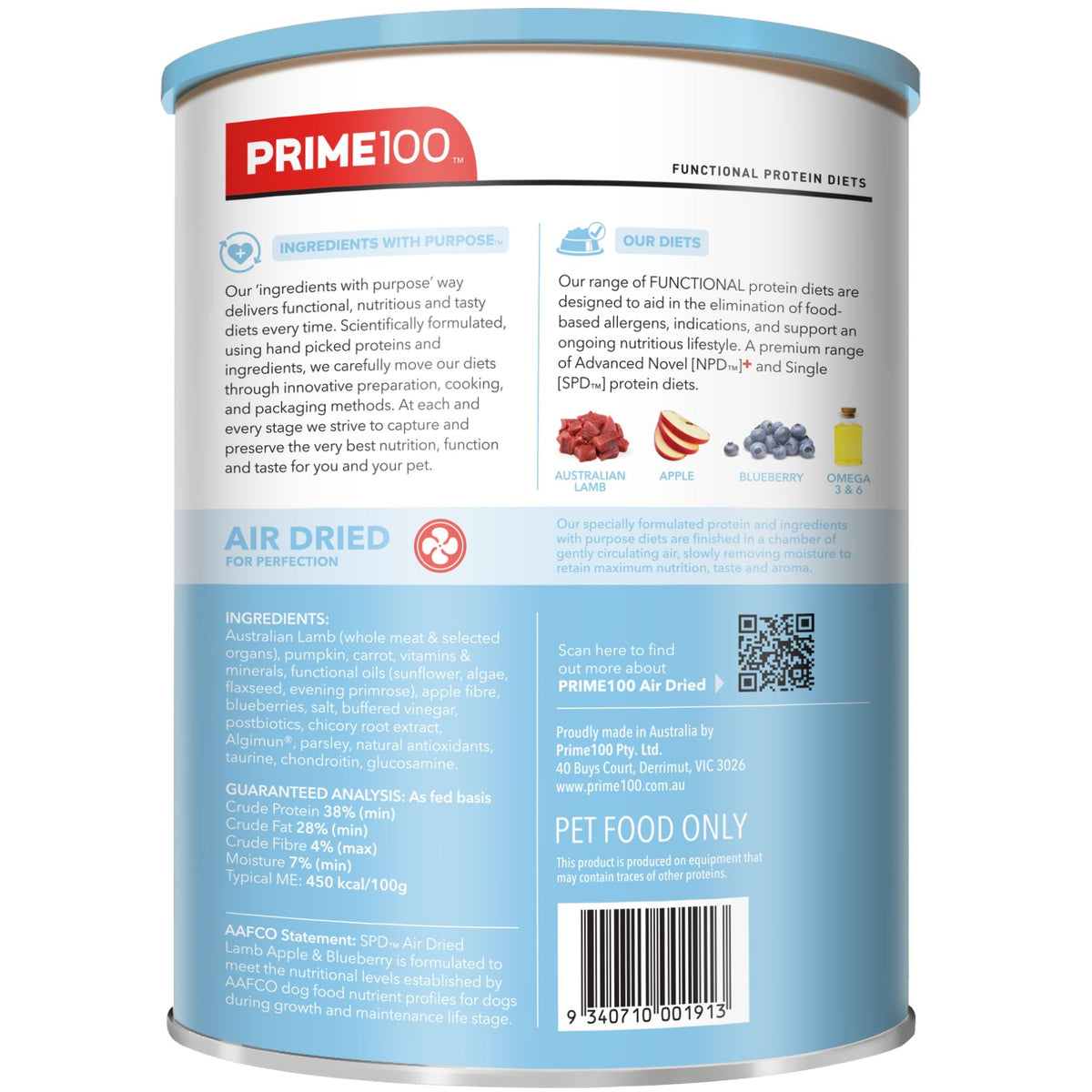 Prime100 SPD Air Dried Dog Food for Puppy Lamb, Apple & Blueberry