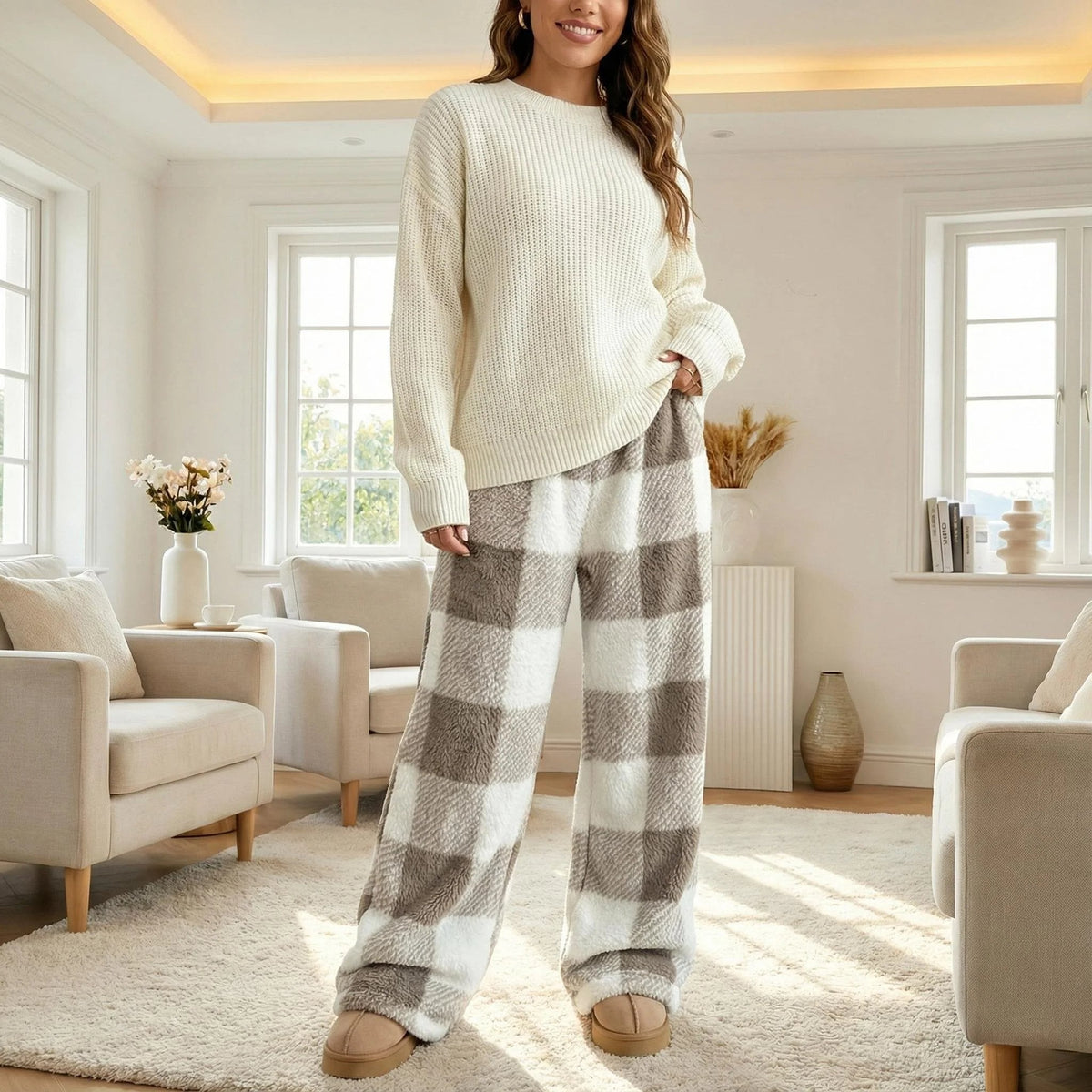 ❄️Winter Hot Sale 50% OFF🔥Winter Vintage Plaid Elastic Straight Loose Thick Warm Casual Pants
