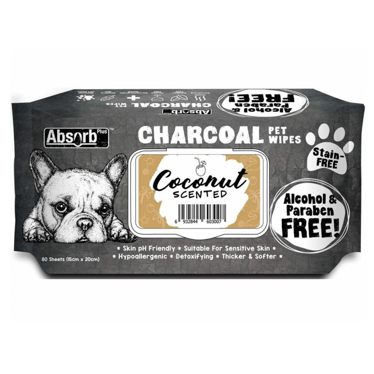 Absorb Plus Charcoal Pet Wipes 80 Sheets 20 X 15cm