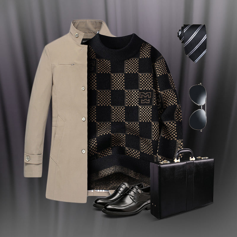 ⛄Winter Clearance⛄Men‘s Checkered Printed Mock Neck Thickened Pullover Sweater