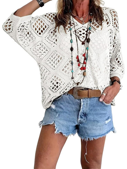 💐Spring Day Sale - Only £14.99!!⚡50K+ SOLD!✨Womens Bohemian-Inspired Beige Crochet Top with V-Neck