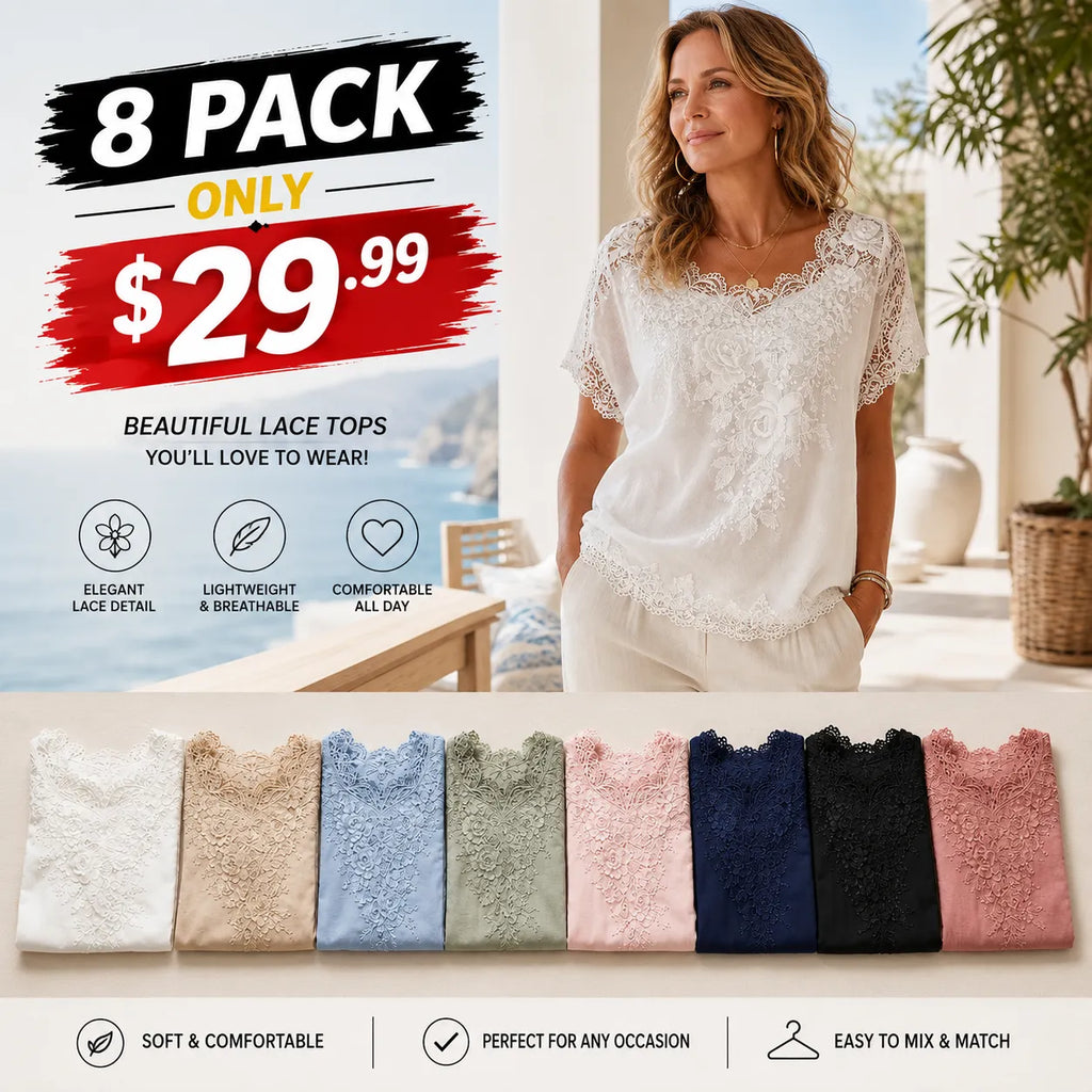 8 Pack Only$29.99-Women's Lace Embroidered Short Sleeve Top